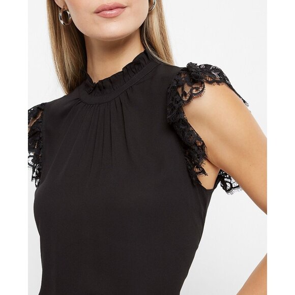 Express Feminine Victorian Ruffle Mock Neck Lace Cap Sleeve Blouse Black S NWT - Picture 3 of 13